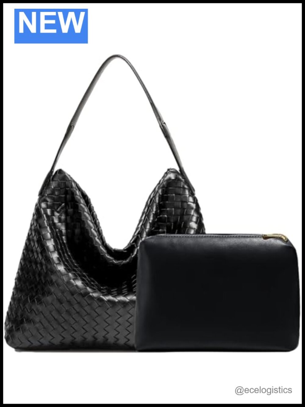 Woven Vegan Leather Hobo Tote Handbag with Clutch, Adjustable Strap